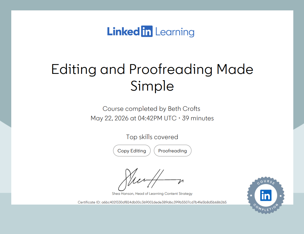 LinkedIn Learning certificate for editing and proofreading